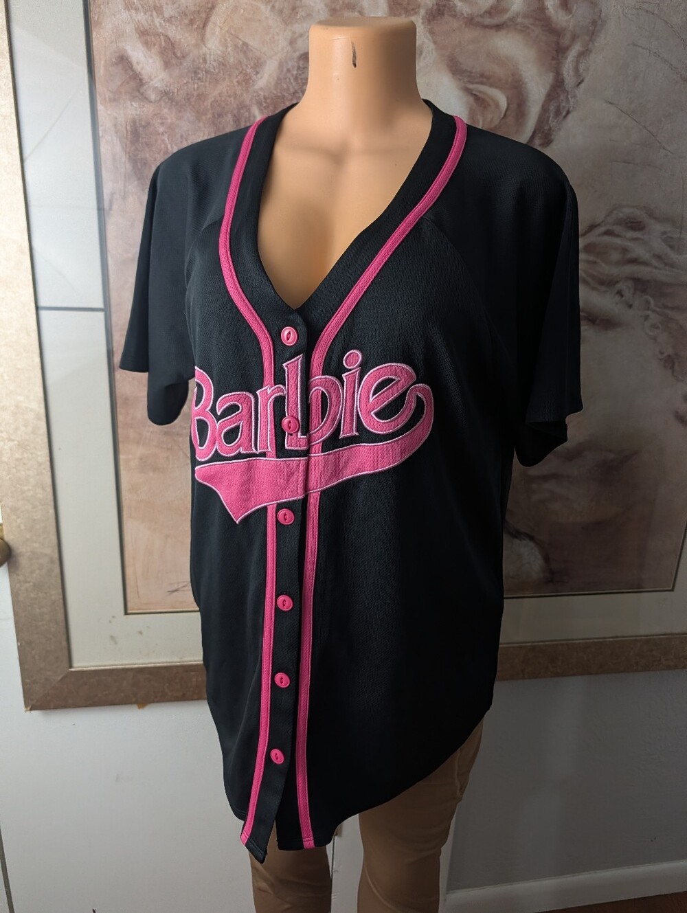 Forever 21 Barbie Core Black Pink Button Up Baseball Jersey Size M